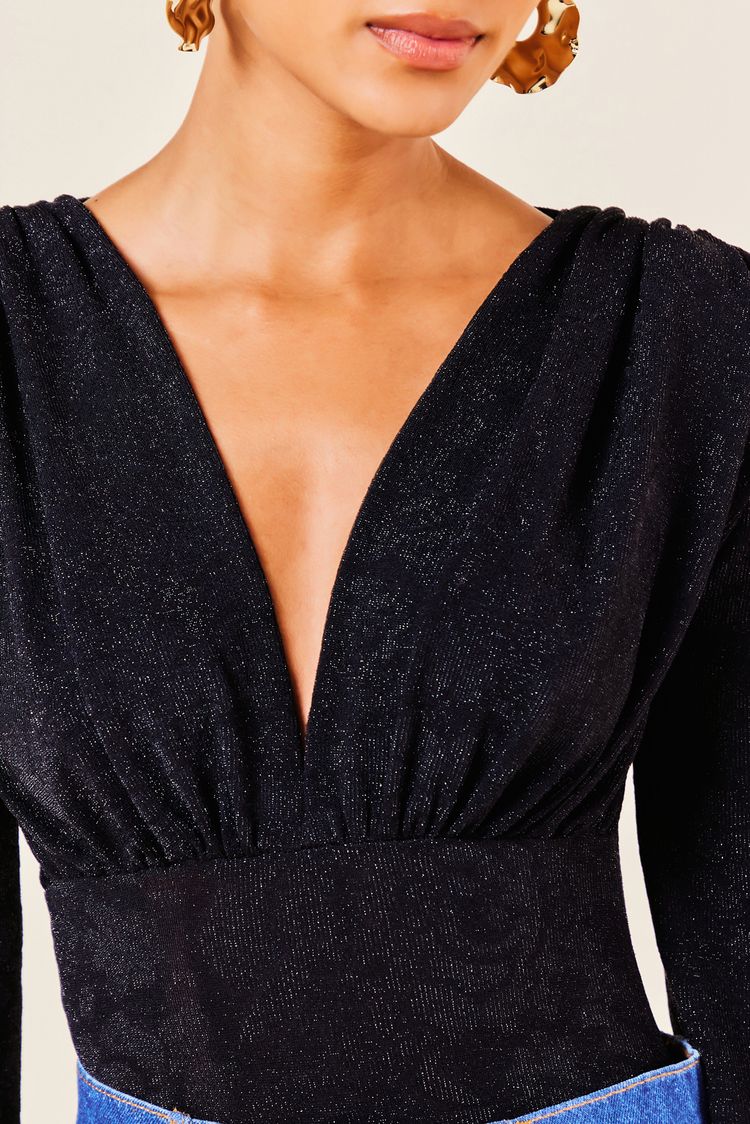 BODY FRANZIDO MANGA LONGA DECOTE V -PRETO PP - PRETO - 254997