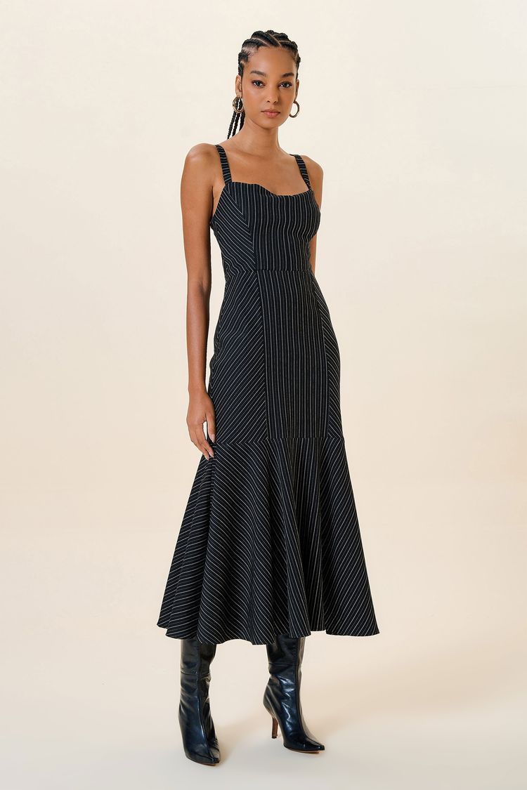 VESTIDO MIDI RISCA DE GIZ COM DECOTE CORAÇÃO PRETO P - PRETO - 257314
