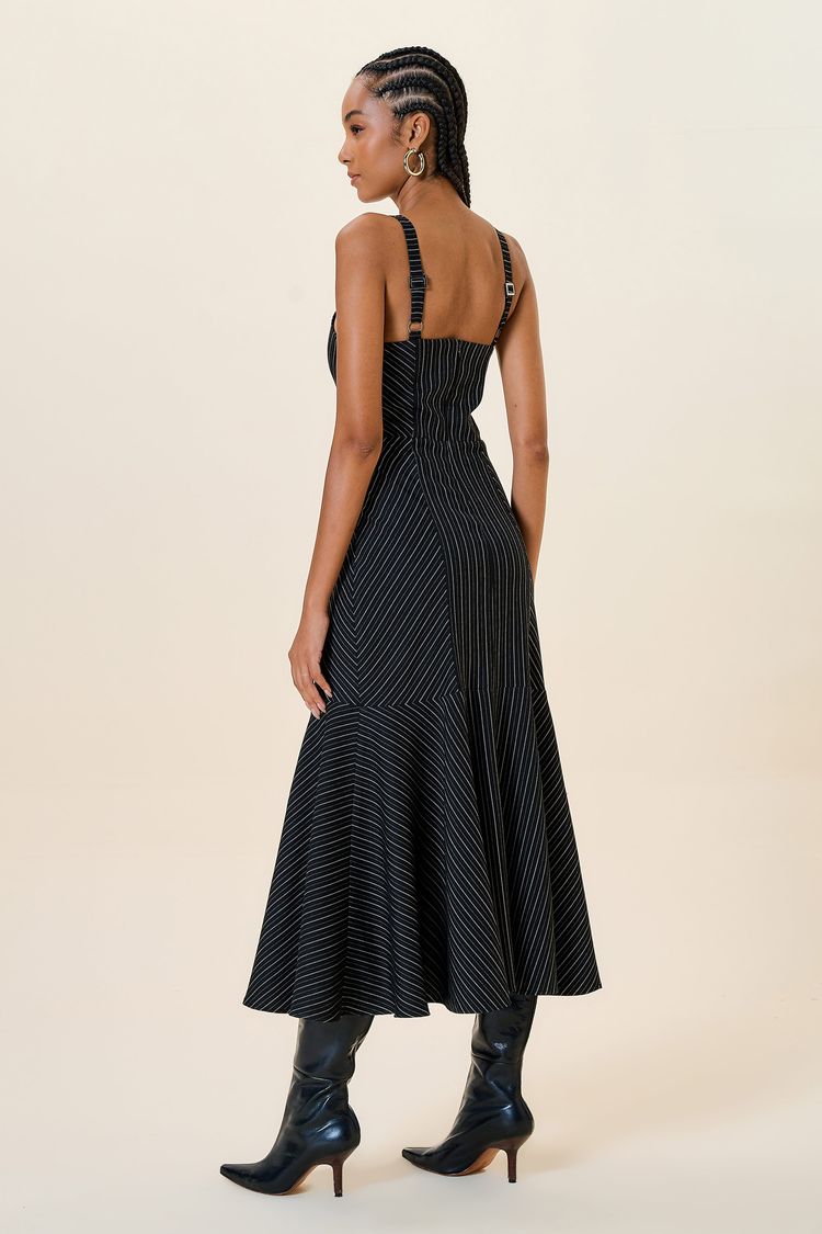 VESTIDO MIDI RISCA DE GIZ COM DECOTE CORAÇÃO PRETO P - PRETO - 257324