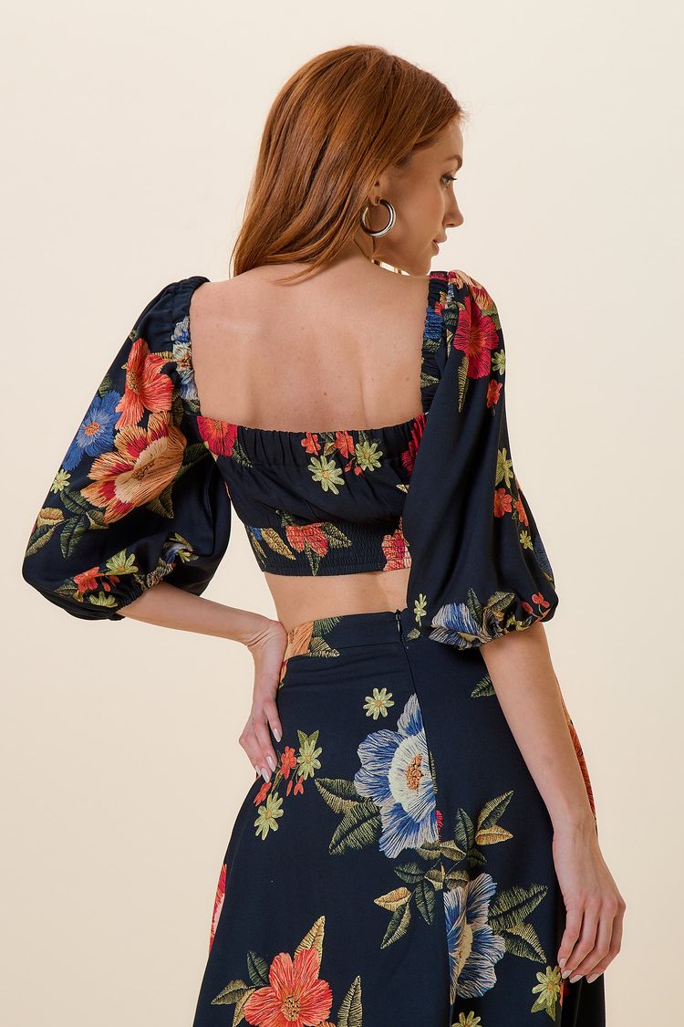 CROPPED MANGA AMPLA COM DECOTE CORACAO ESTAMPA TAPECARIA FLORAL G - EST TAPECARIA FLORAL - 257694