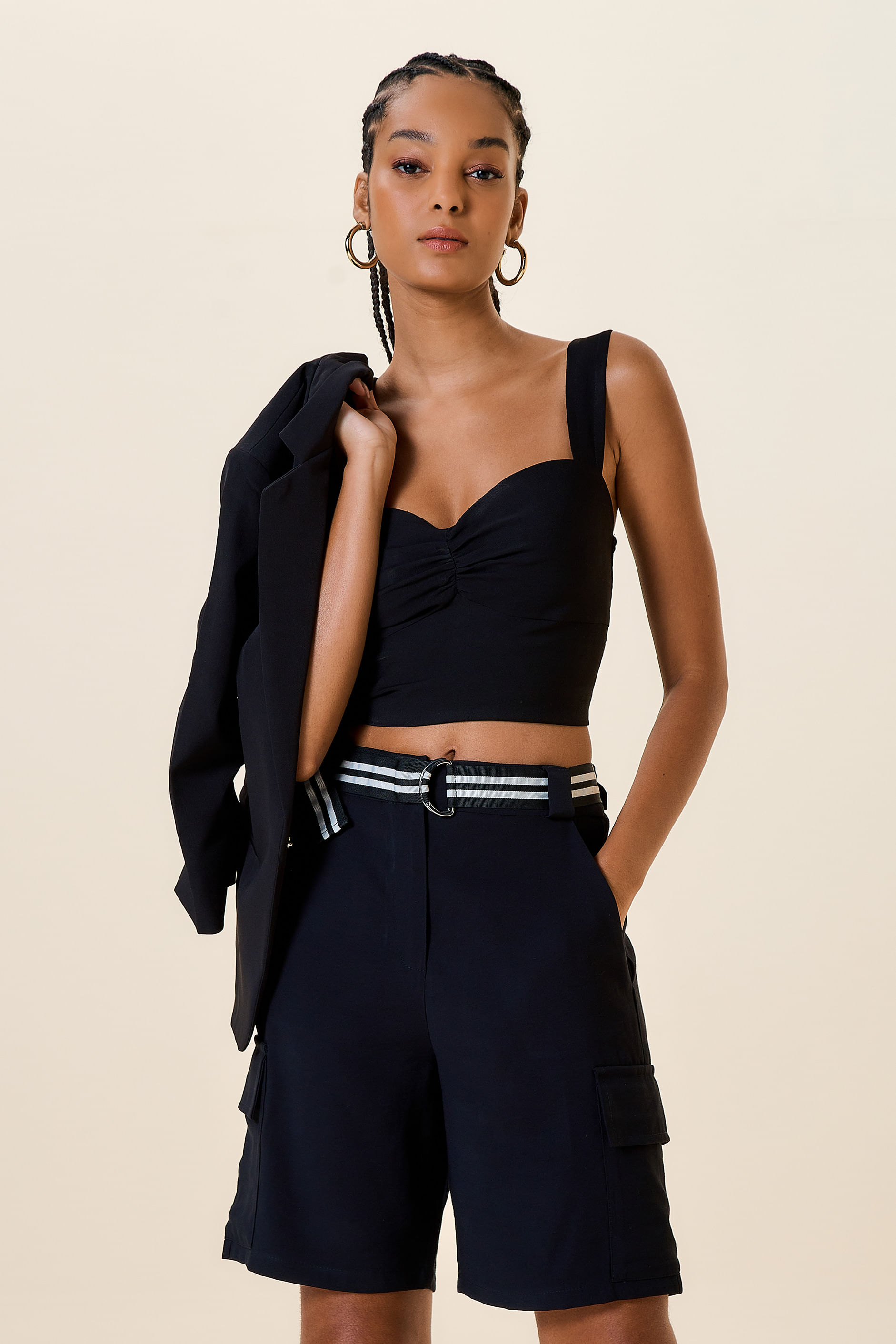 TOP CROPPED ALCAS PESPONTADAS PRETO PP - PRETO - 257879