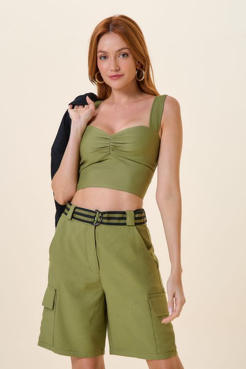 TOP CROPPED ALCAS PESPONTADAS VERDE ESCURO