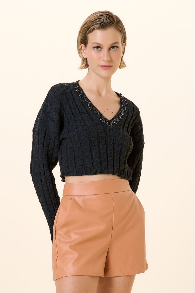 BLUSA DECOTE BORDADO TRICOT-PRETO P - PRETO - 258963