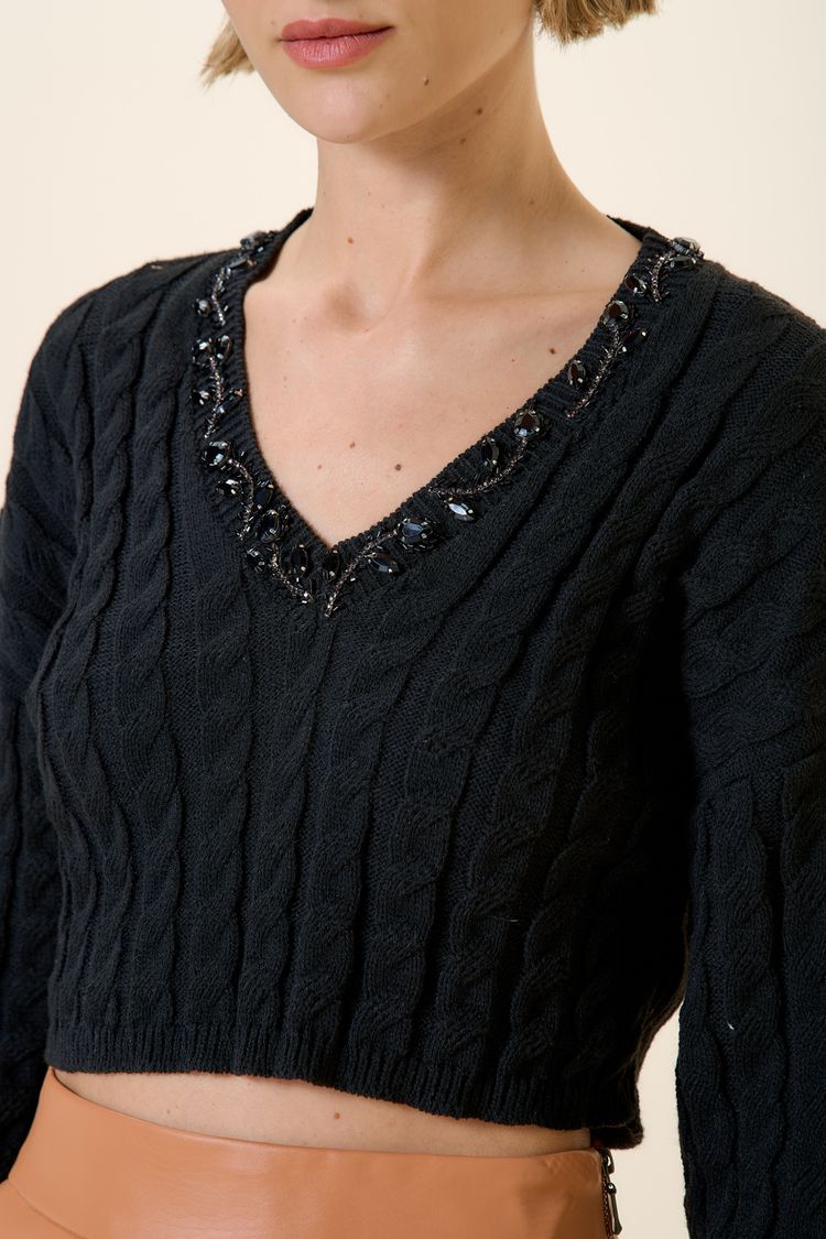 BLUSA DECOTE BORDADO TRICOT-PRETO P - PRETO - 258967
