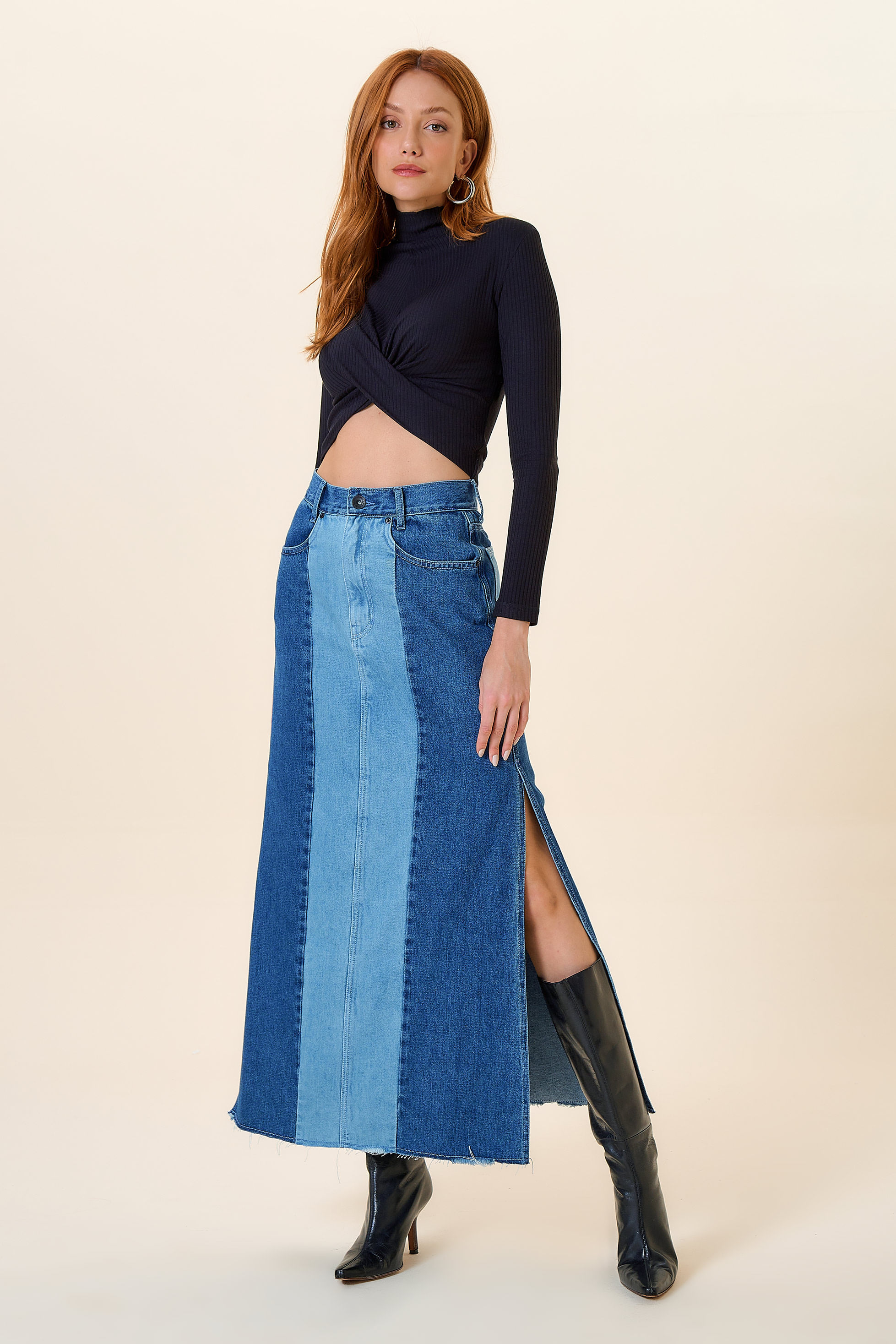 SAIA LONGA MIX TECIDO JEANS 42 - JEANS - 259645