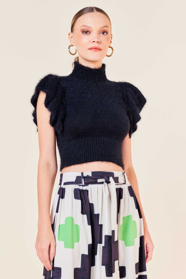 BLUSA TRICOT COM BABADO NA MANGA -PRETO M - PRETO - 261464