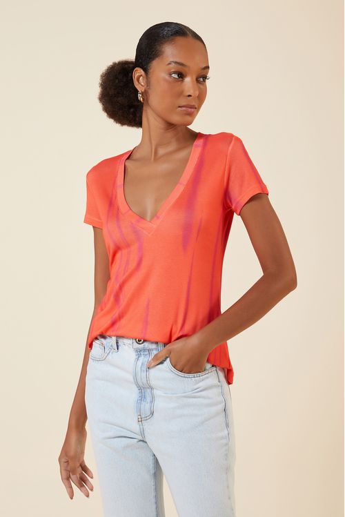 BLUSA DECOTE V TULE ESTAMPA ORLA CORAL