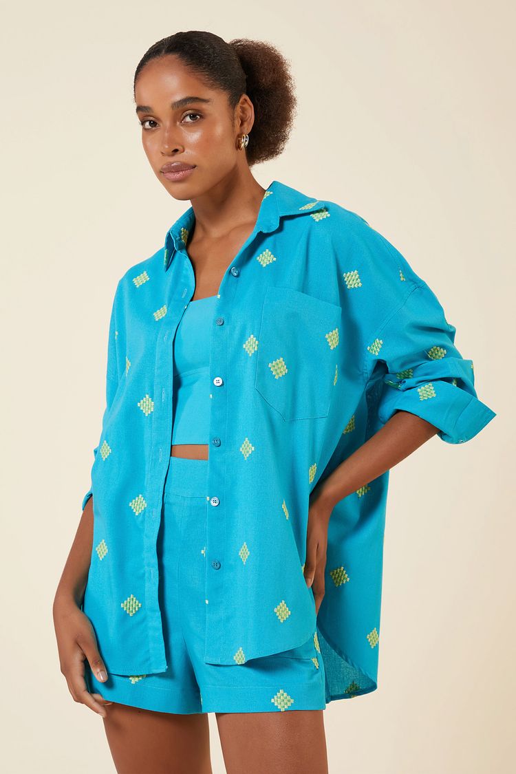 CAMISAO LINHO LOSANGOS TURQUESA G - TURQUESA - 262605