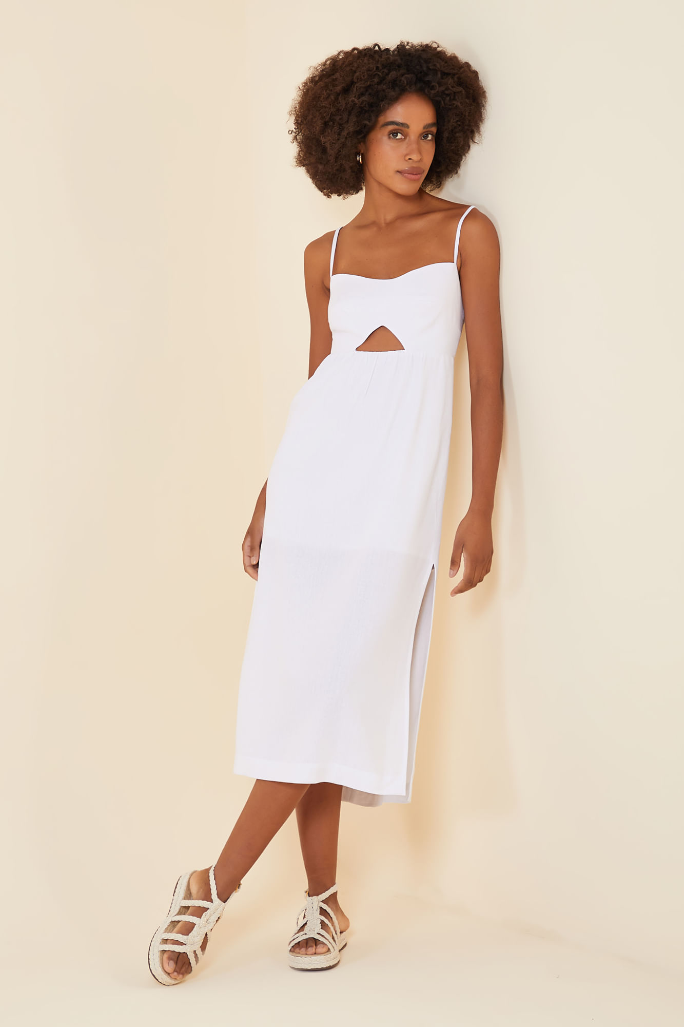VESTIDO LINHO MIDI BRANCO M - BRANCO - 263562