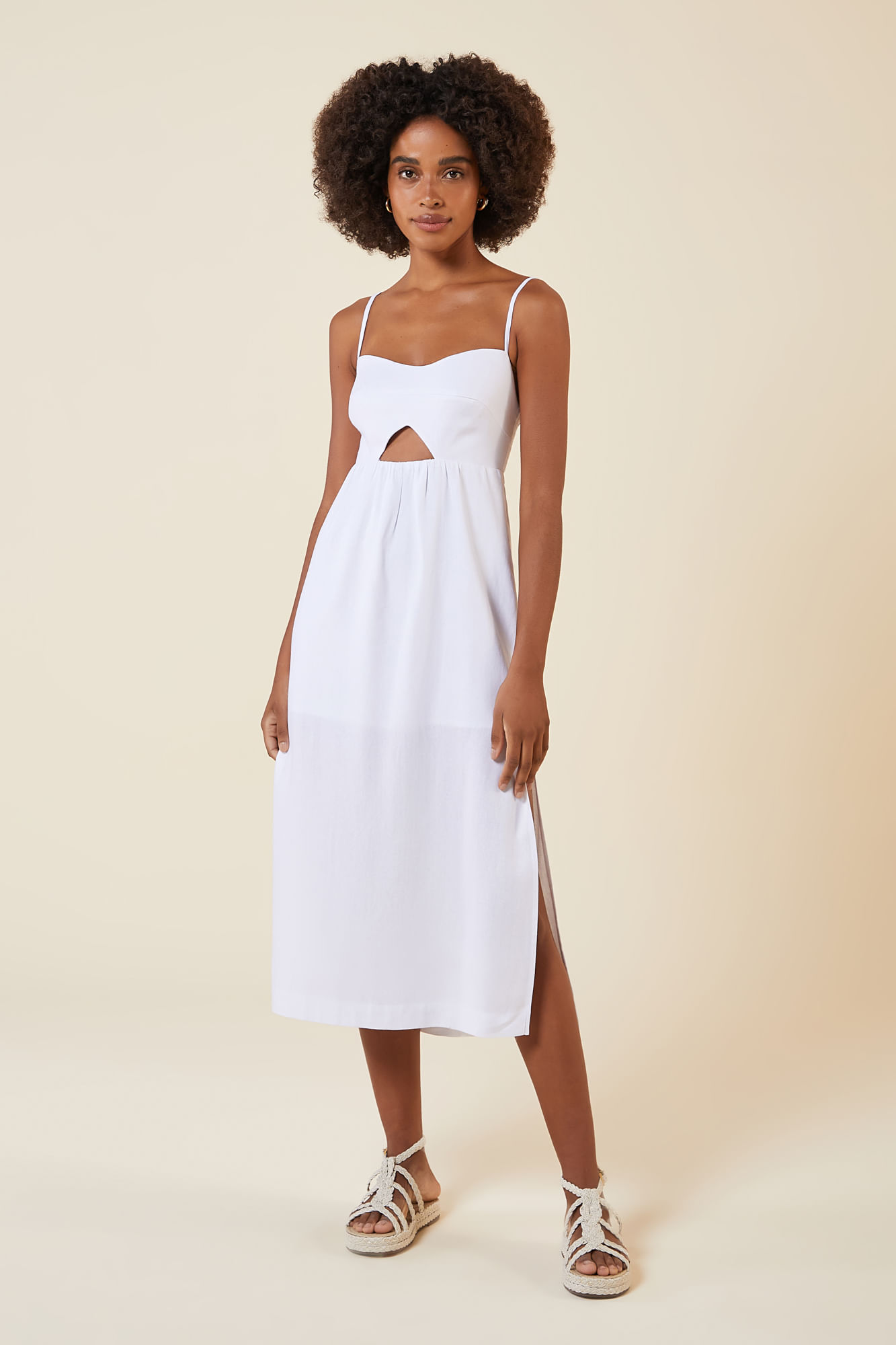 VESTIDO LINHO MIDI BRANCO M - BRANCO - 263567