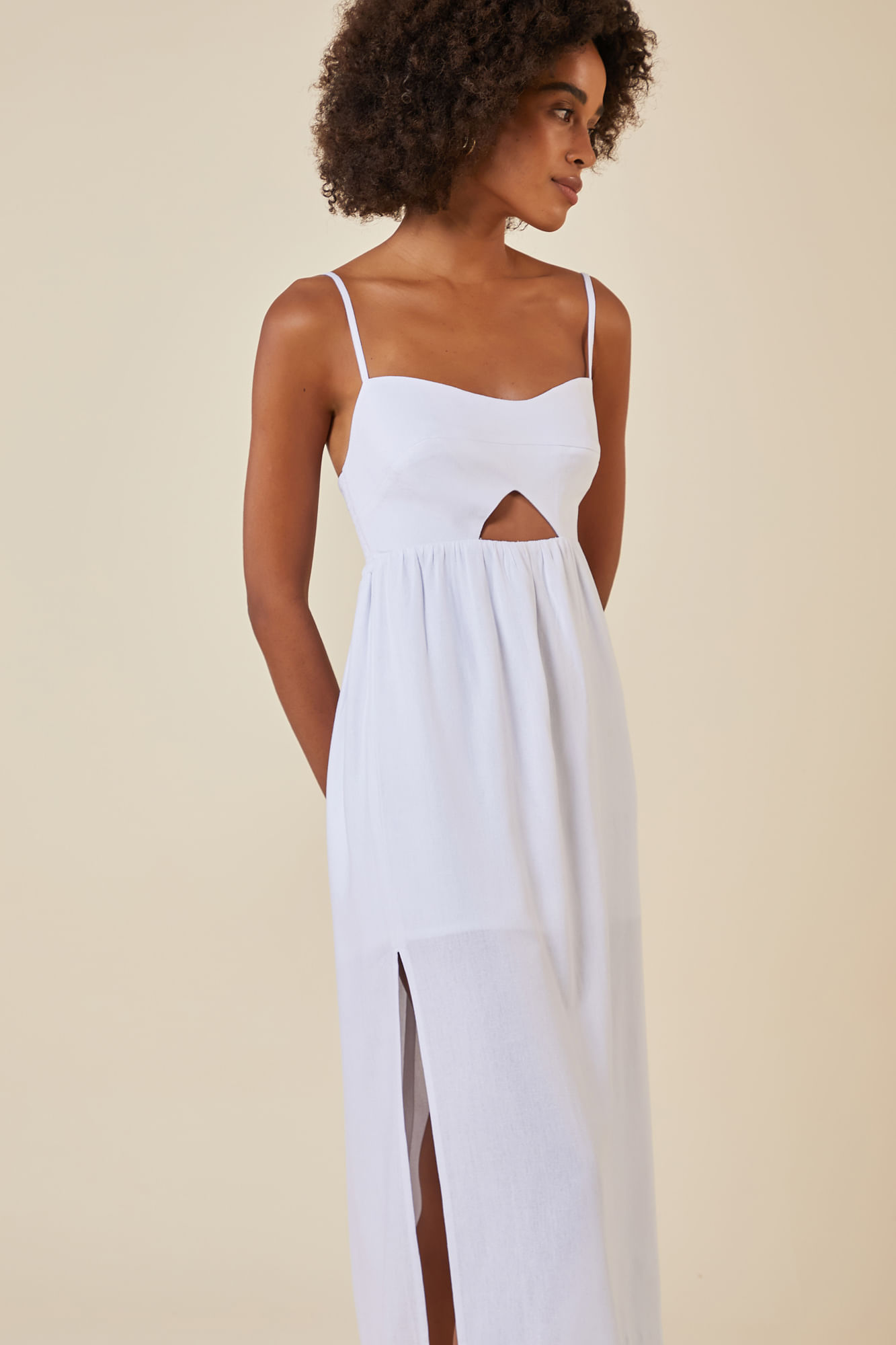 VESTIDO LINHO MIDI BRANCO M - BRANCO - 263572