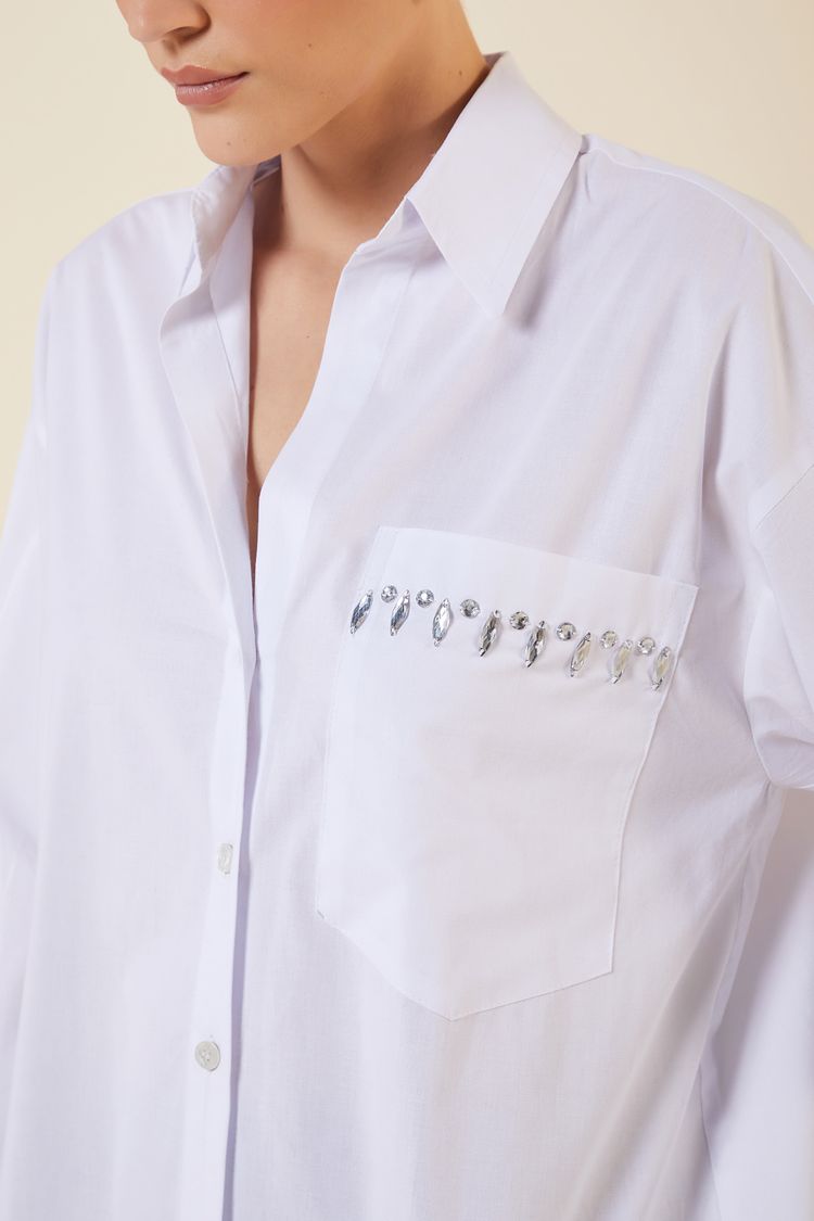 CAMISAO TRICOLINE BORDADO BOLSO BRANCO P - BRANCO - 263721