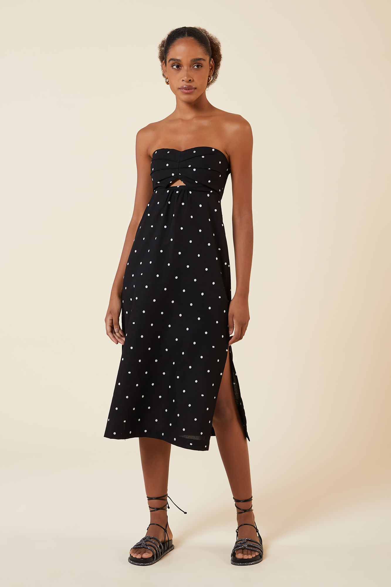 VESTIDO MIDI LINHO POAS PRETO M - PRETO - 264842
