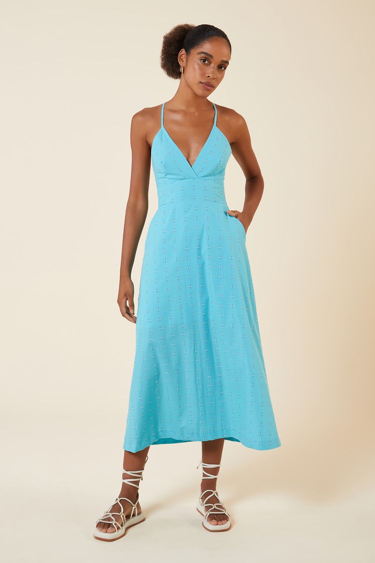 VESTIDO MIDI ALCA CRUZADA NAS COSTAS AZUL CLARO P - AZUL CLARO - 265387