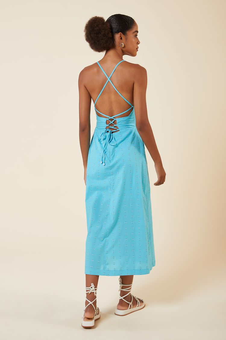 VESTIDO MIDI ALCA CRUZADA NAS COSTAS AZUL CLARO P - AZUL CLARO - 265397
