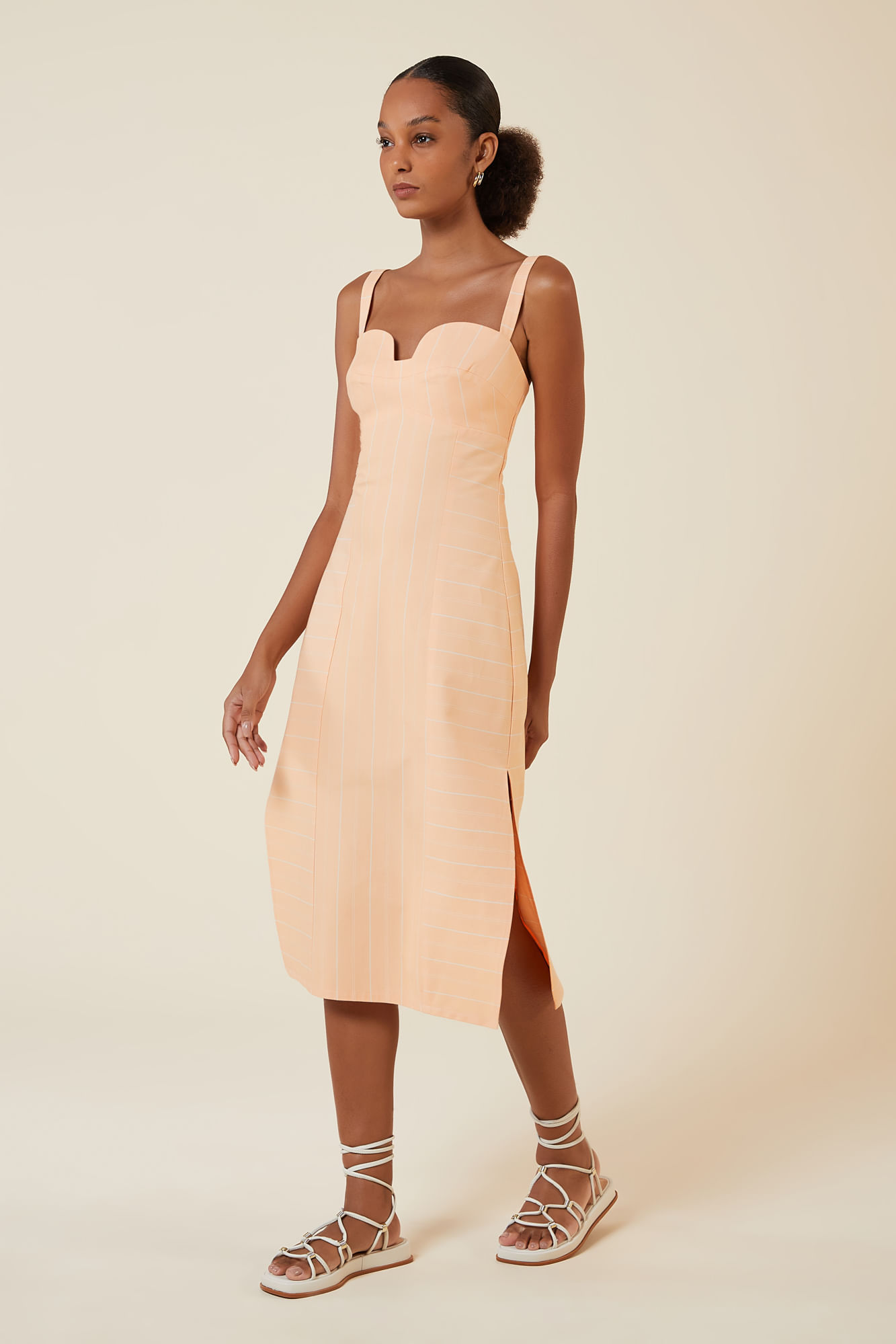 VESTIDO TRICOLINE LISTRAS APRICOT M - APRICOT - 265619