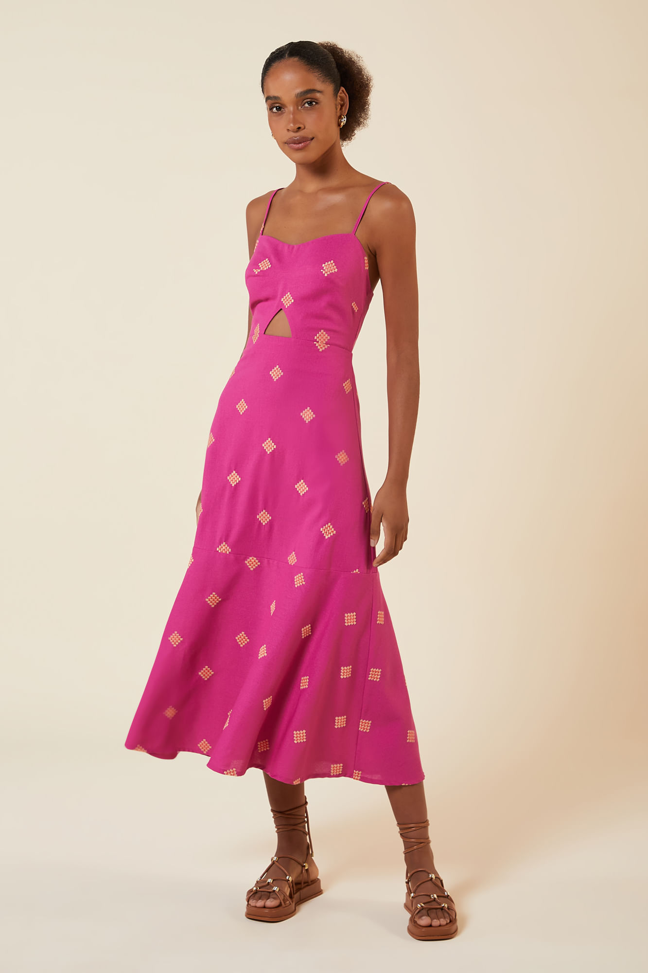 VESTIDO MIDI LINHO LOSANGOS ROSE PP - ROSE - 265667