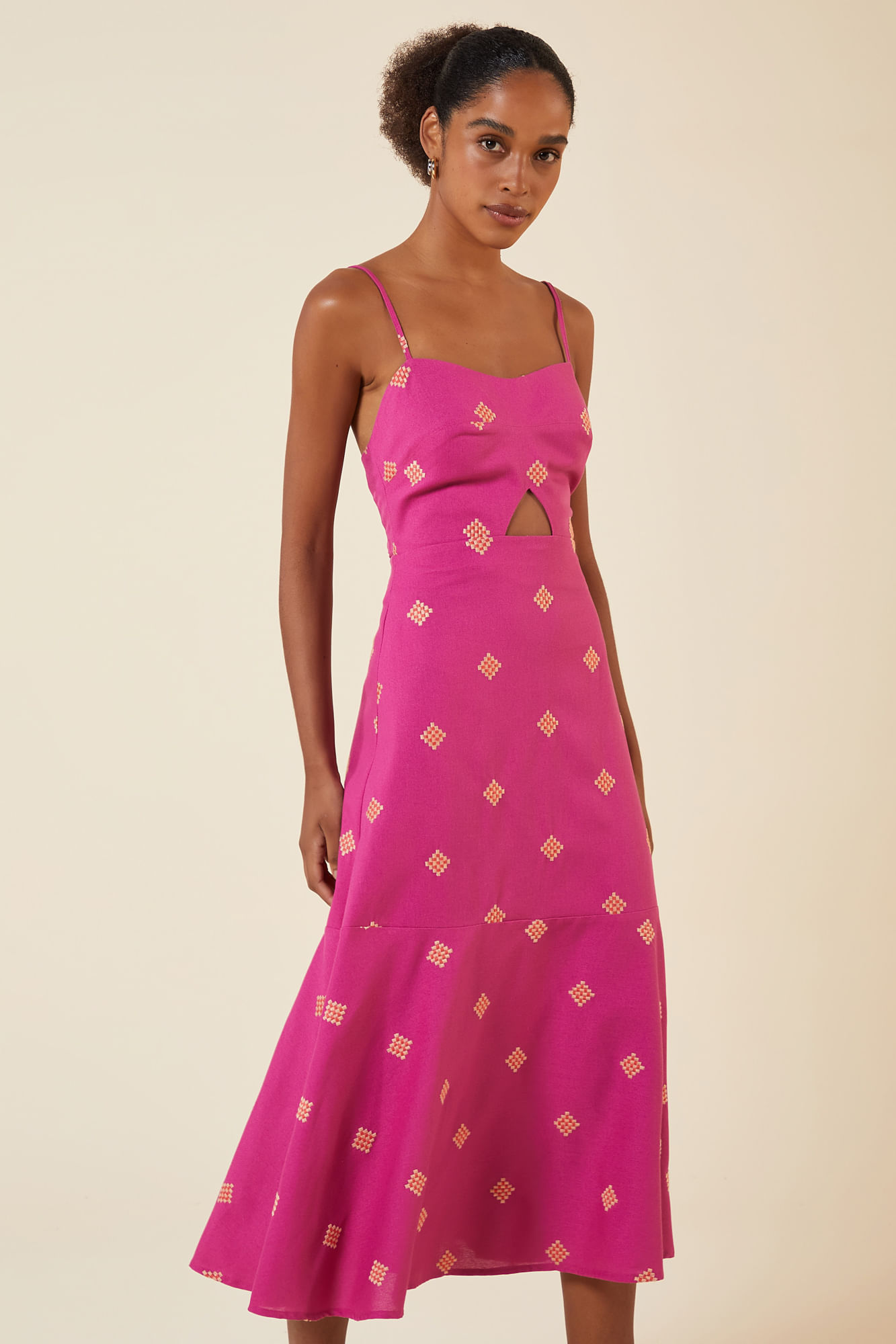 VESTIDO MIDI LINHO LOSANGOS ROSE PP - ROSE - 265672