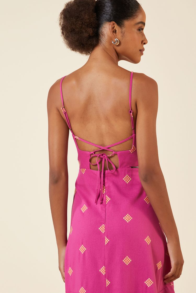 VESTIDO MIDI LINHO LOSANGOS ROSE P - ROSE - 265681