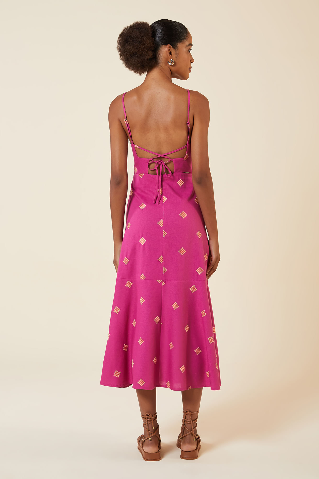 VESTIDO MIDI LINHO LOSANGOS ROSE PP - ROSE - 265682