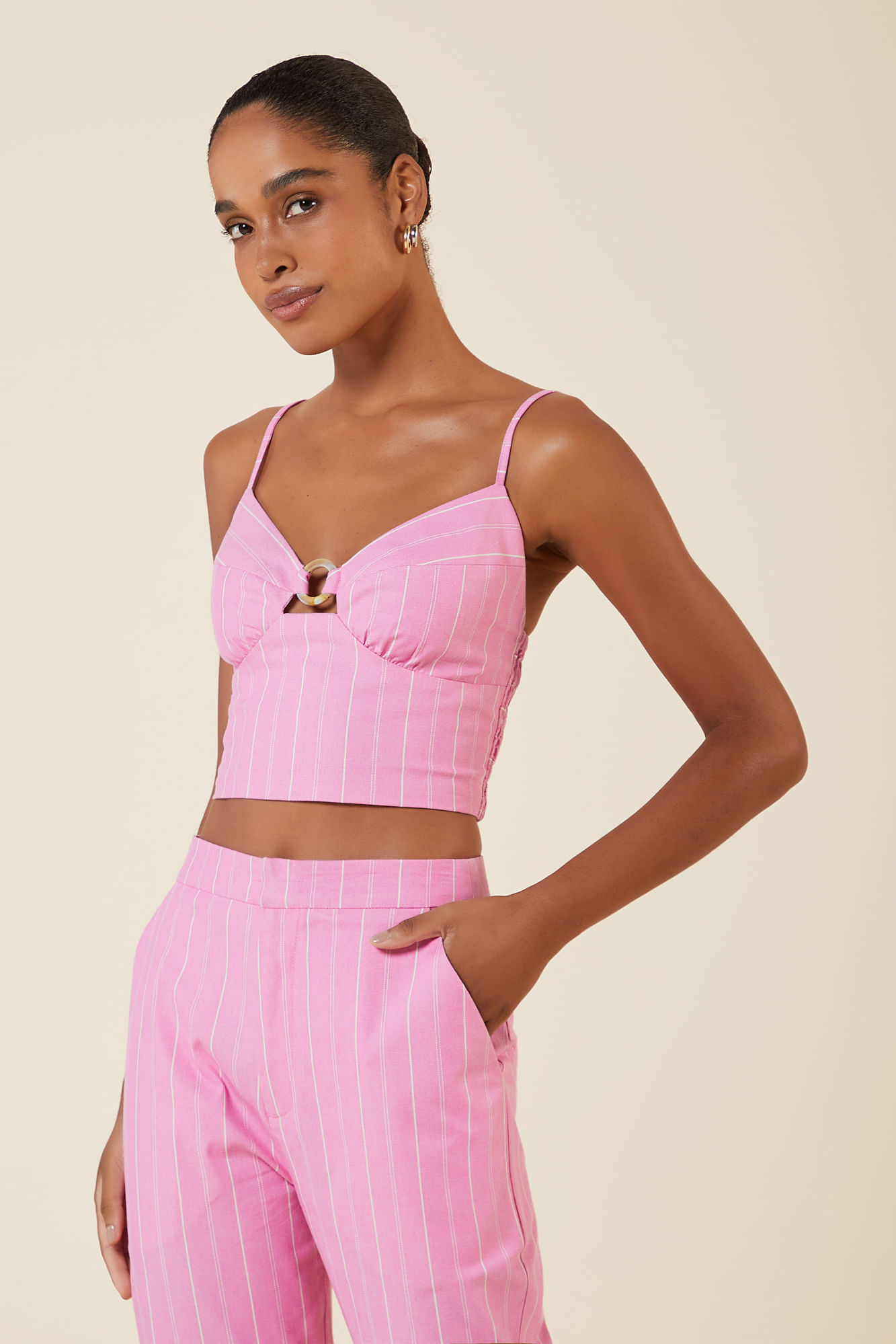 CROPPED LISTRAS COM ARGOLA ROSE / CREME GG - ROSE / CREME - 266053