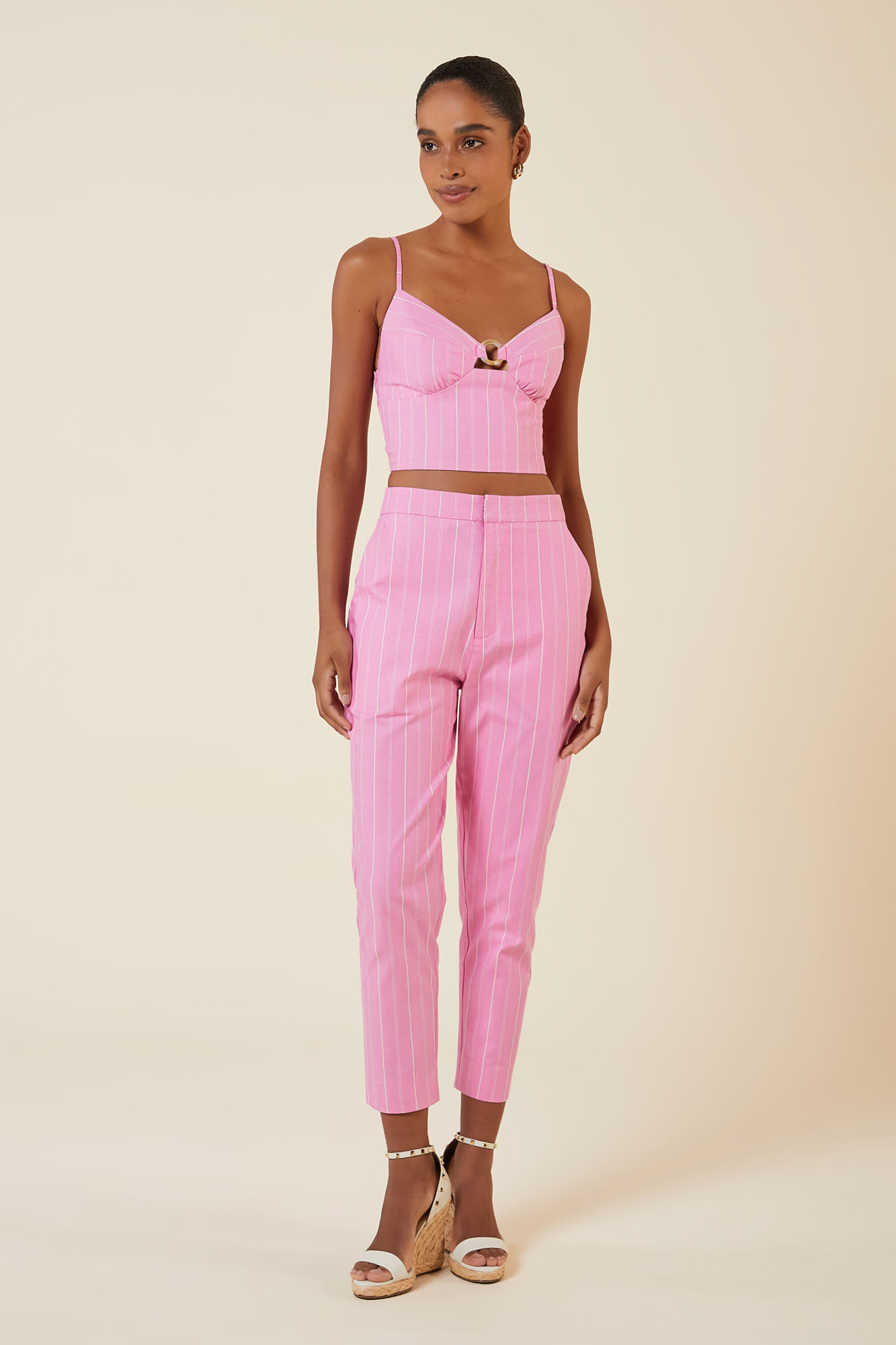 CROPPED LISTRAS COM ARGOLA ROSE / CREME GG - ROSE / CREME - 266058