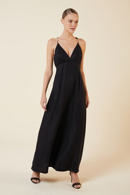 VESTIDO LONGO ALCAS PEDRAS PRETO