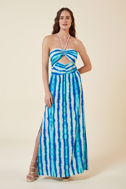 VESTIDO LONGO COM DECOTE CORACAO ESTAMPA LISTR TIE DYE