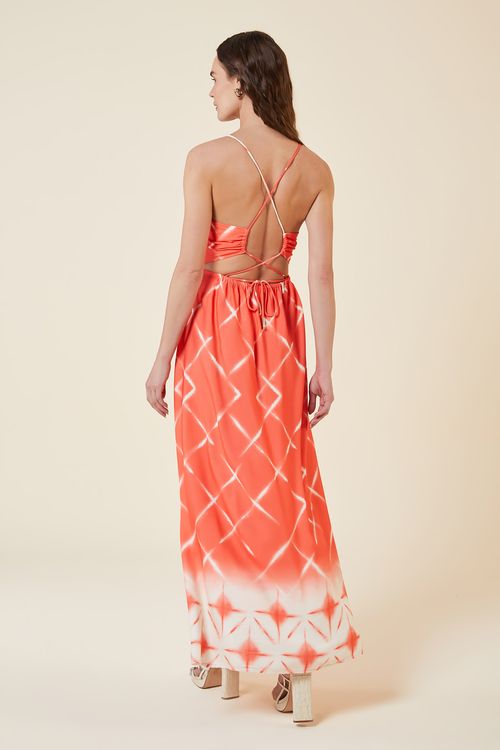 VESTIDO LONGO COM ARGOLA ESTAMPA CRISTALINA CORAL