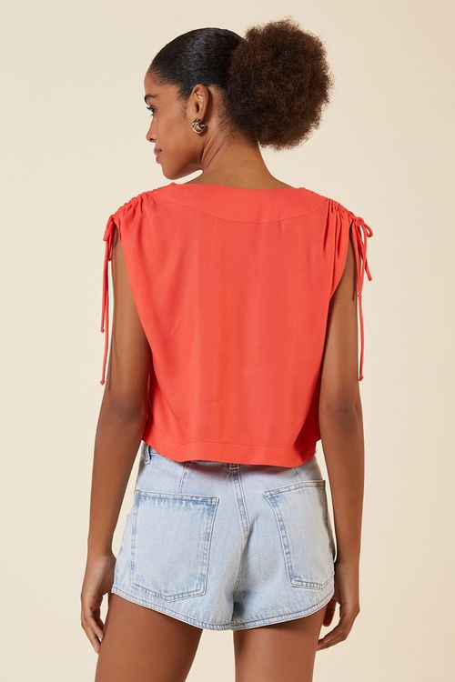 BLUSA DECOTE V OMBROS FRANZIDOS - CORAL