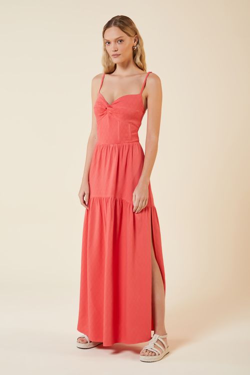 VESTIDO LONGO VISCOSE LOSANGOS CORAL