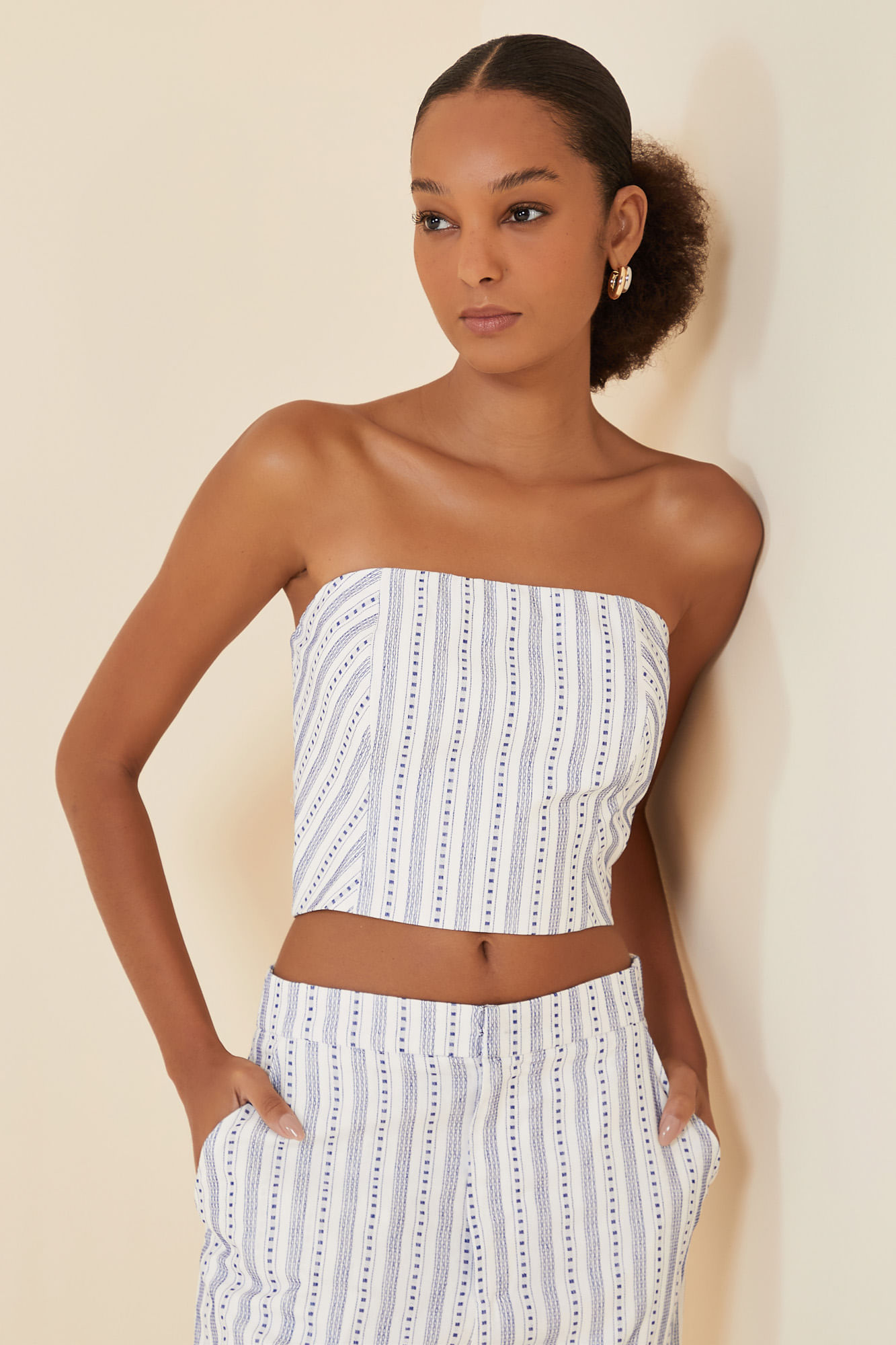 CROPPED LISTRAS E PESPONTOS CREME/MARINHO G - CREME/MARINHO - 269896