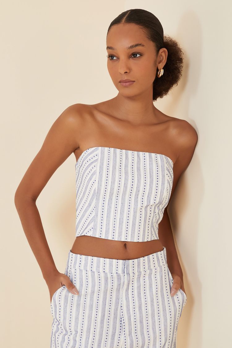 CROPPED LISTRAS E PESPONTOS CREME/MARINHO GG - CREME/MARINHO - 269898