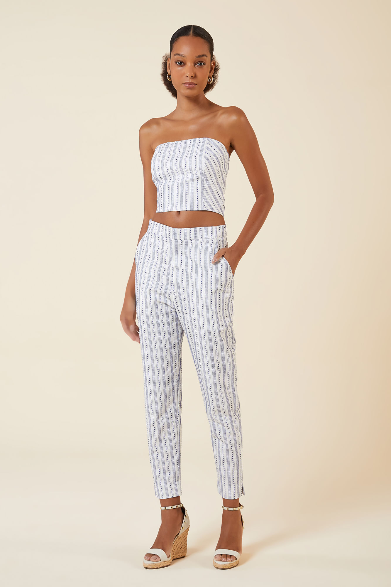 CROPPED LISTRAS E PESPONTOS CREME/MARINHO G - CREME/MARINHO - 269901