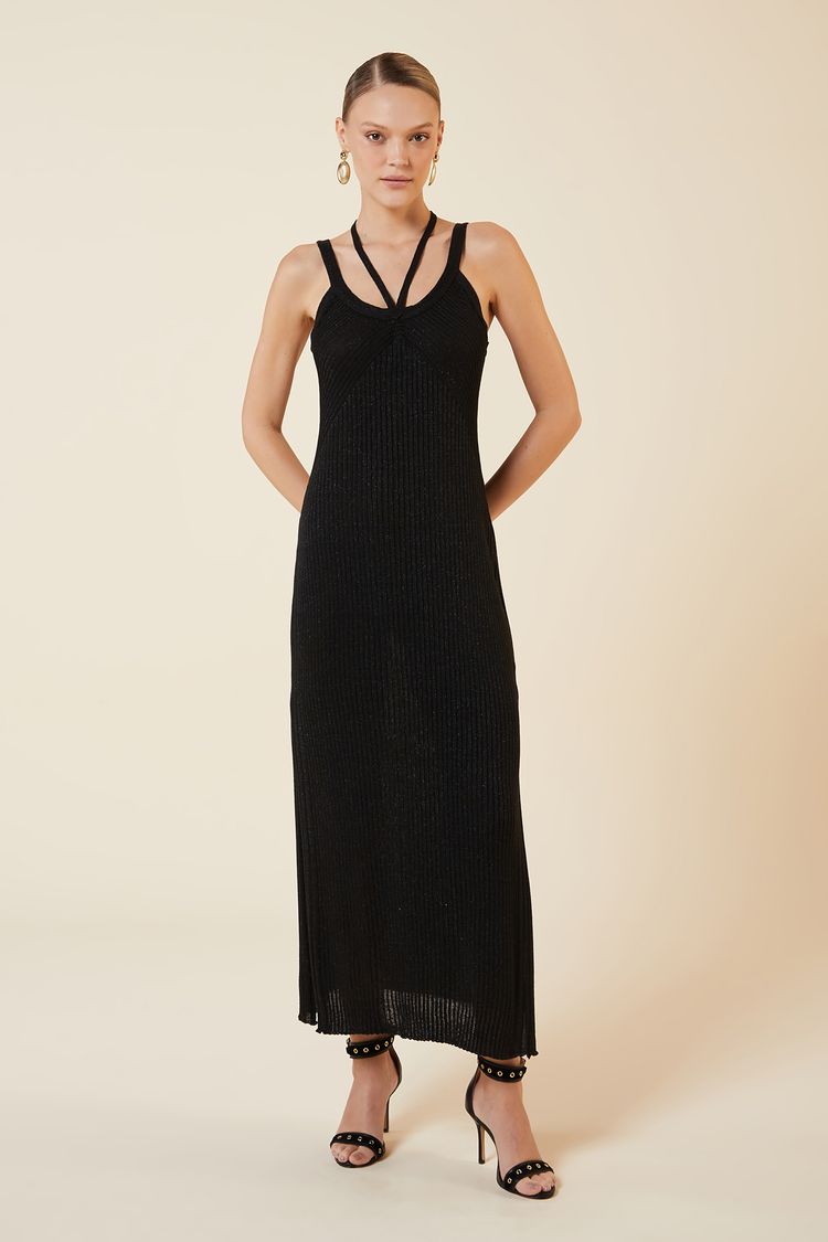 VESTIDO MIDI TRICOT LUREX-PRETO P - PRETO - 270499