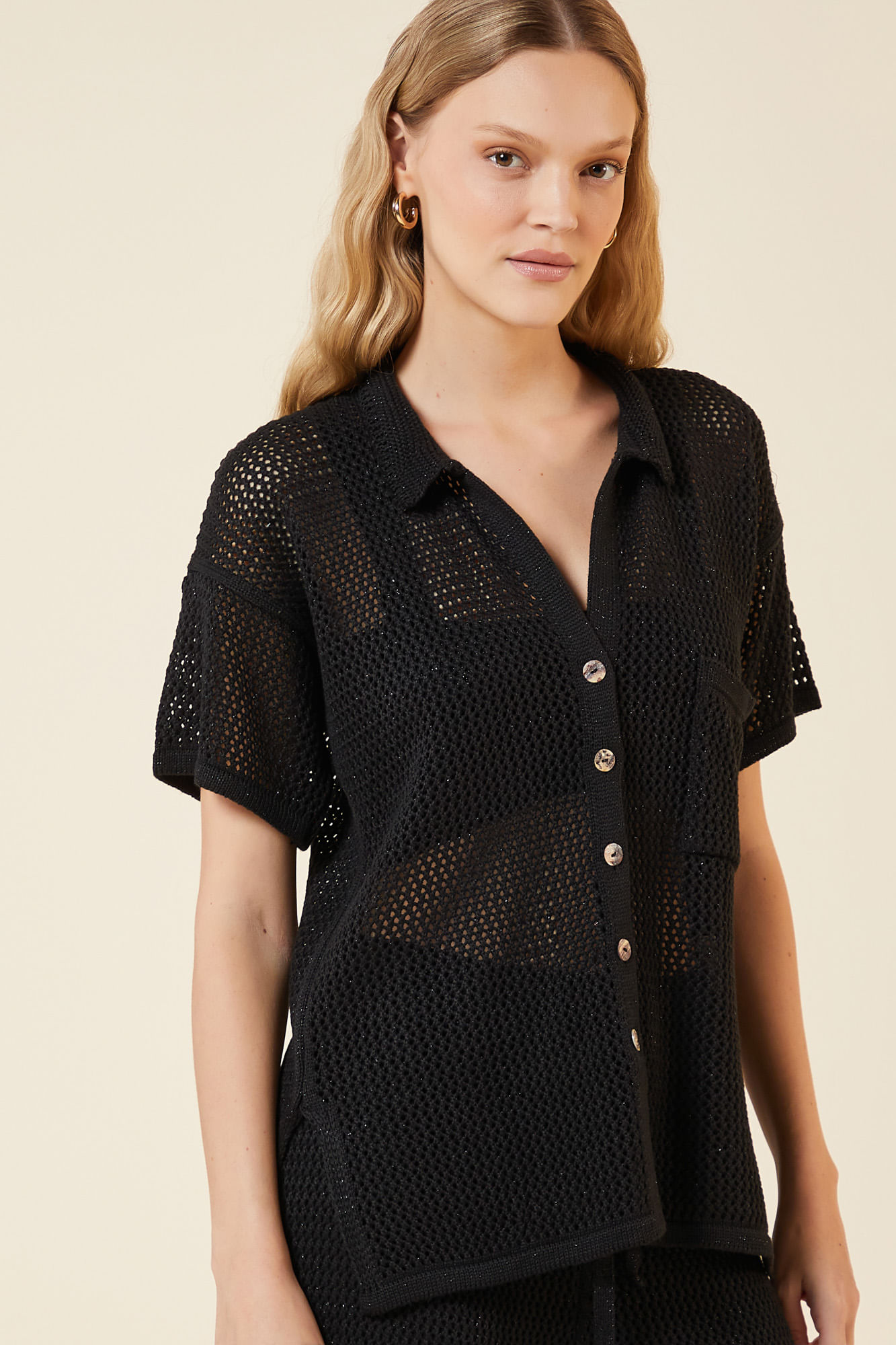 CAMISA PONTO REDE LUREX TRICOT PRETO / PRETO P - PRETO / PRETO - 270632