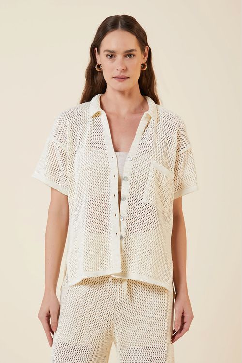 CAMISA PONTO REDE LUREX TRICOT CREME / DOURADO