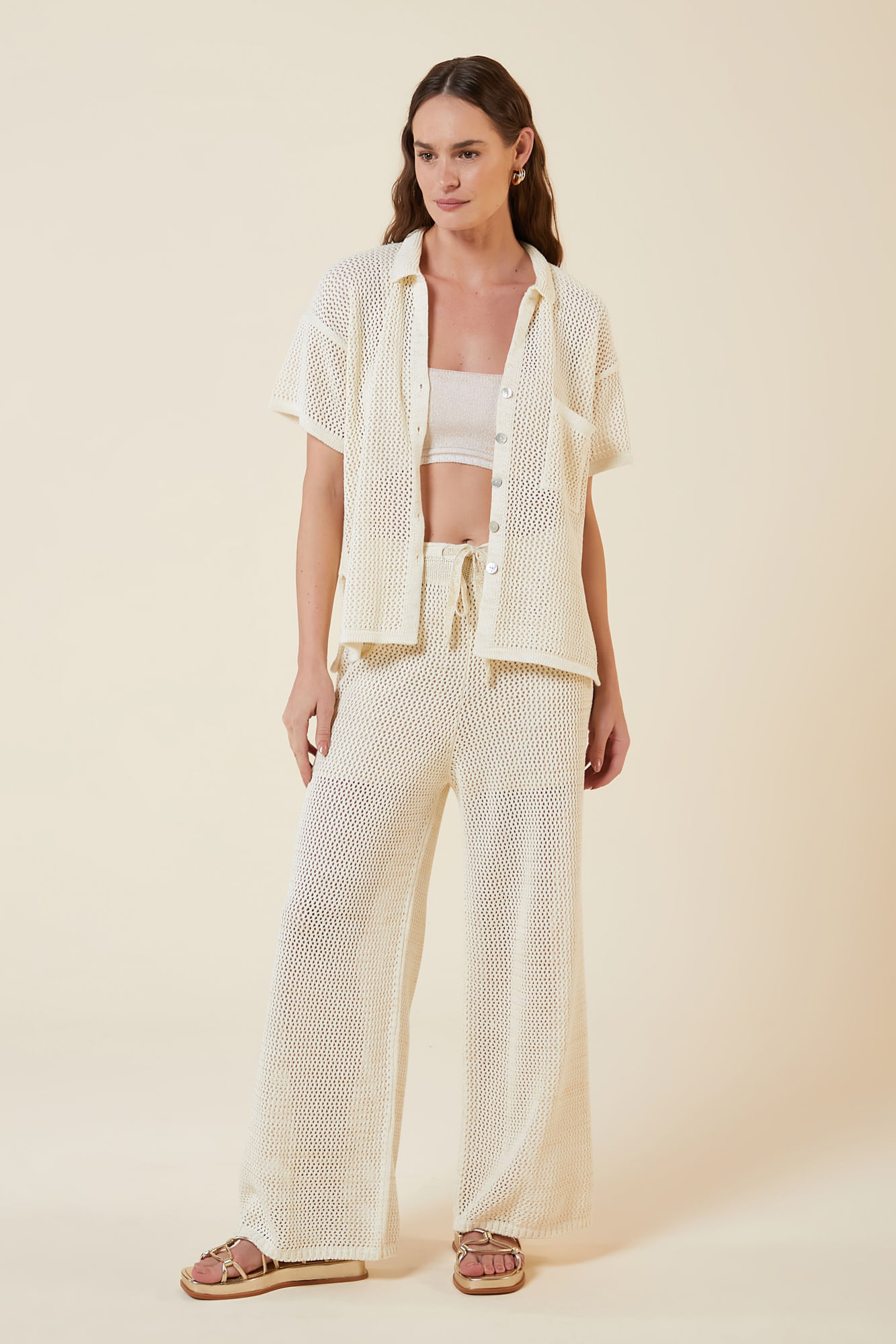 CAMISA PONTO REDE LUREX TRICOT CREME / DOURADO M - CREME / DOURADO - 270653