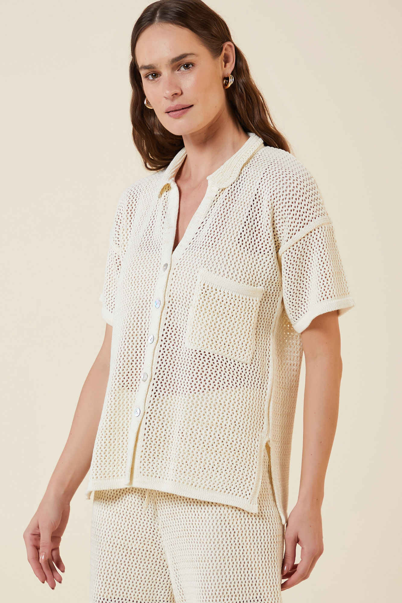CAMISA PONTO REDE LUREX TRICOT CREME / DOURADO P - CREME / DOURADO - 270655