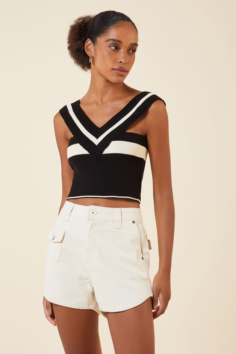 CROPPED TRICOT LISTRA PRETO / CREME G - PRETO / CREME - 270830