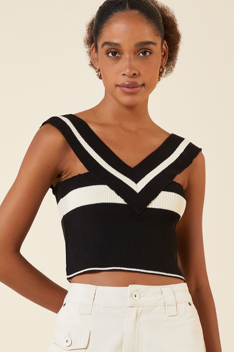 CROPPED TRICOT LISTRA PRETO / CREME G - PRETO / CREME - 270838