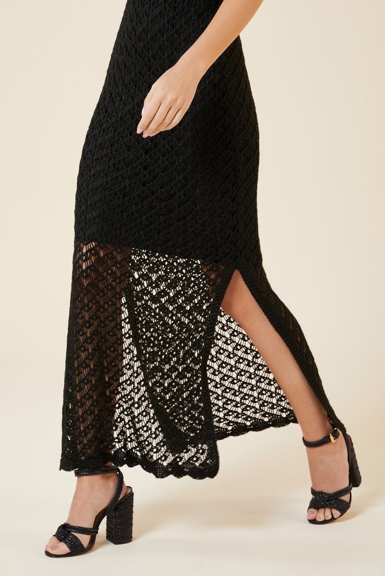 VESTIDO LONGO PONTO CROCHE PRETO PP - PRETO - 270952
