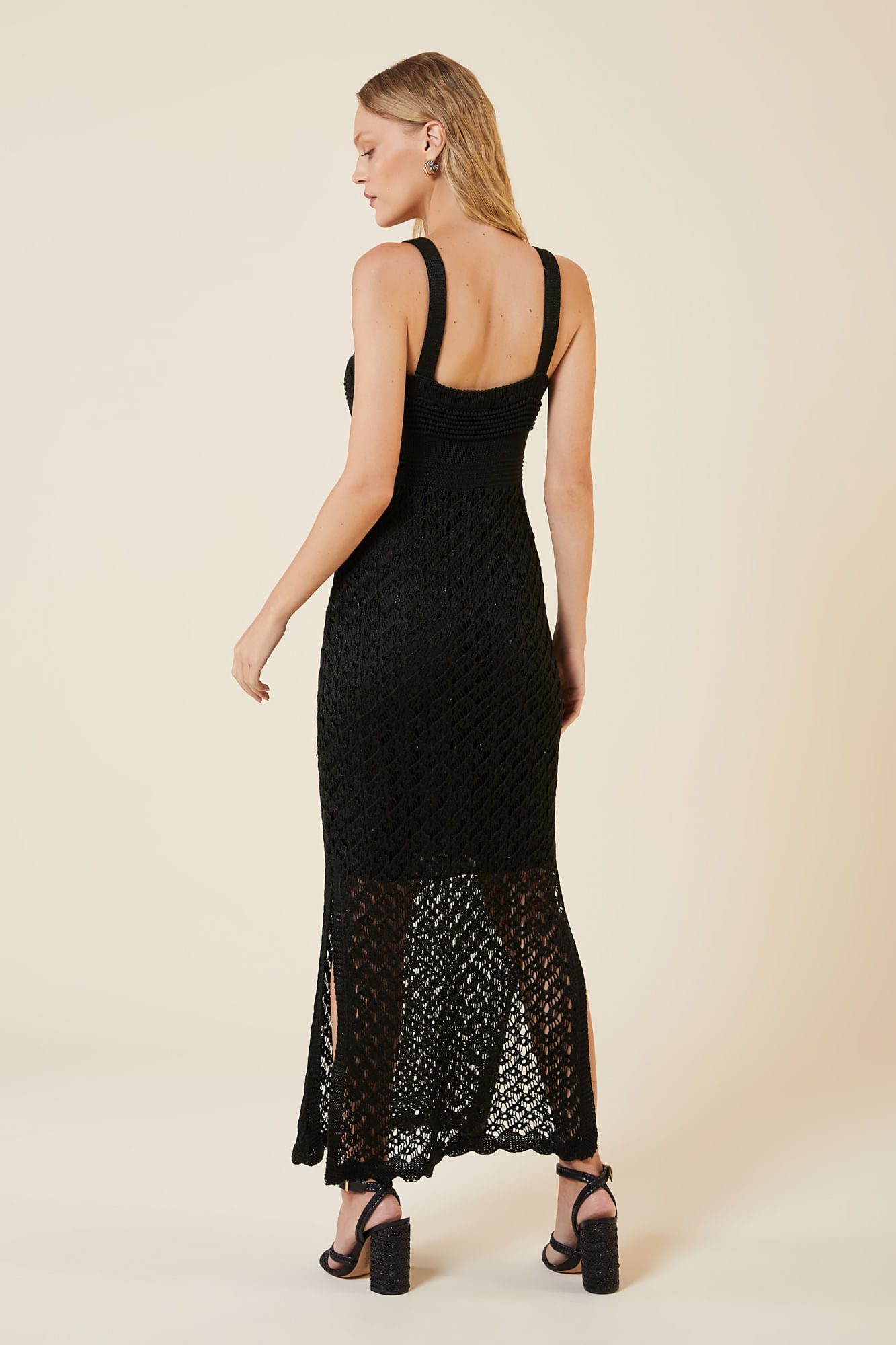 VESTIDO LONGO PONTO CROCHE PRETO PP - PRETO - 270956