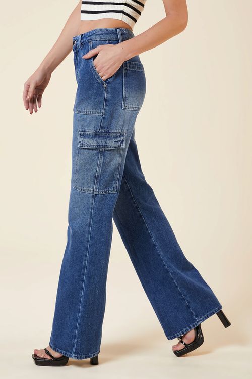 CALCA CARGO JEANS-JEANS ESCURO