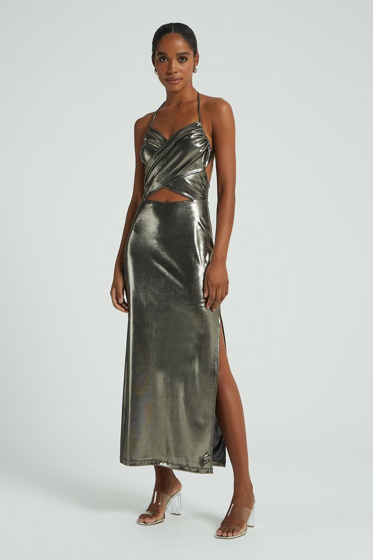 VESTIDO LONGO JERSEY FOIL-OURO PP - OURO - 273587