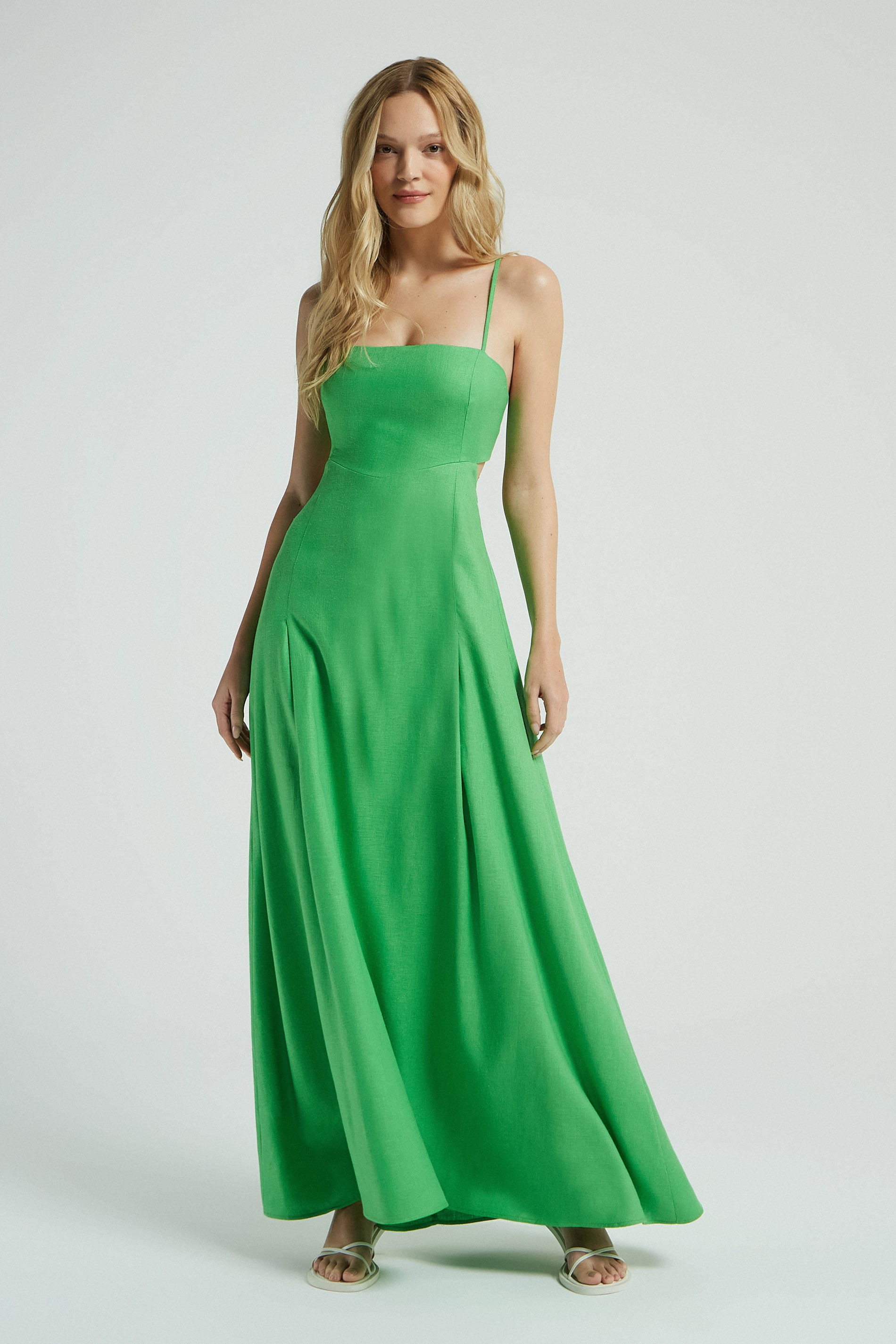 VESTIDO LINHO RECORTE LATERAL-VERDE GG - VERDE - 276429