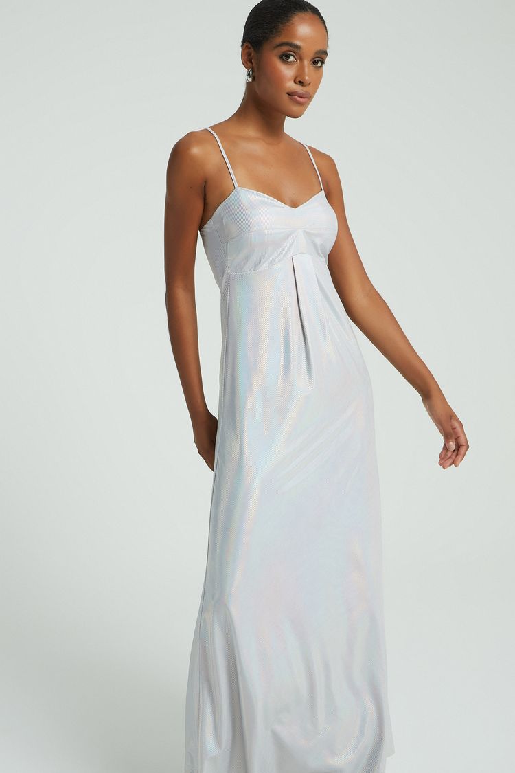 VESTIDO LONGO HOLOGRAFICO-PRATA PP - PRATA - 276583