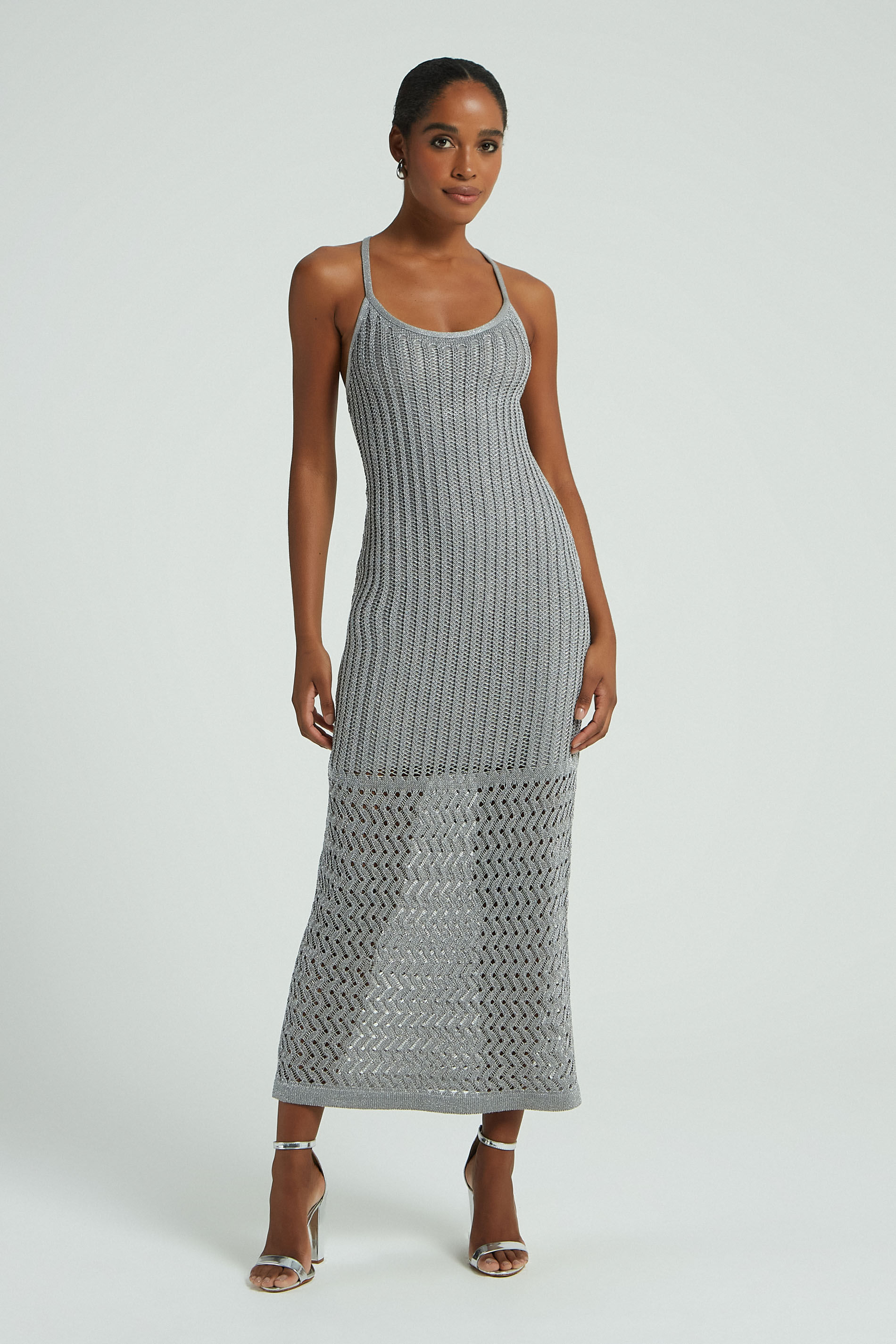 VESTIDO LONGO PONTO RENDA TRICOT-PRATA P - PRATA - 277576