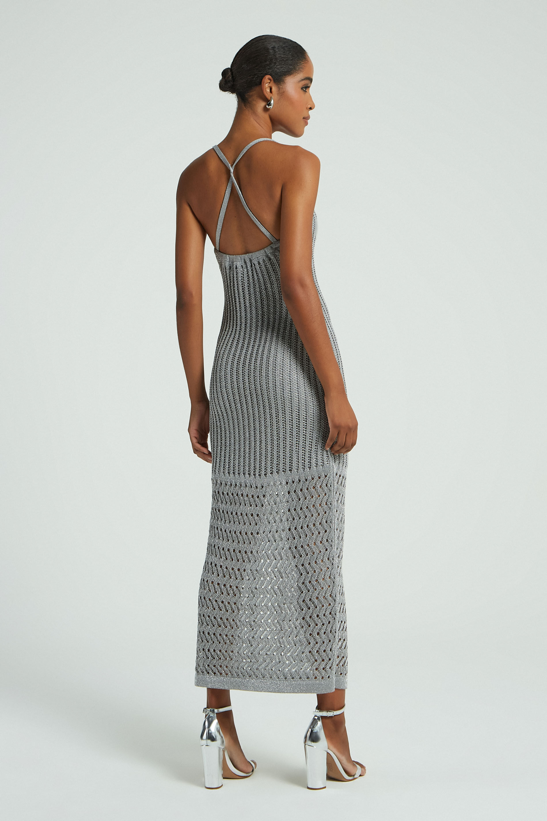VESTIDO LONGO PONTO RENDA TRICOT-PRATA P - PRATA - 277580