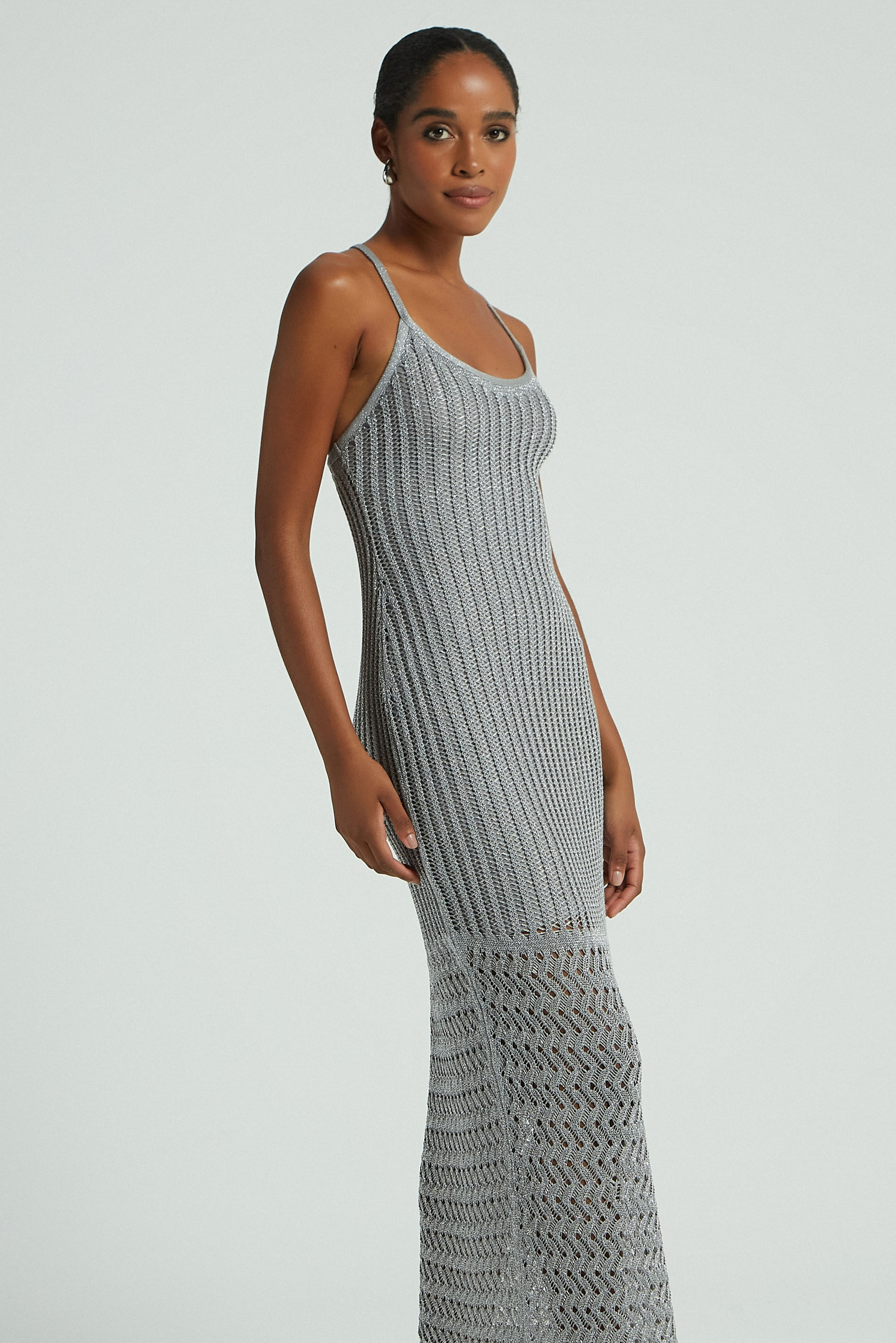 VESTIDO LONGO PONTO RENDA TRICOT-PRATA P - PRATA - 277584
